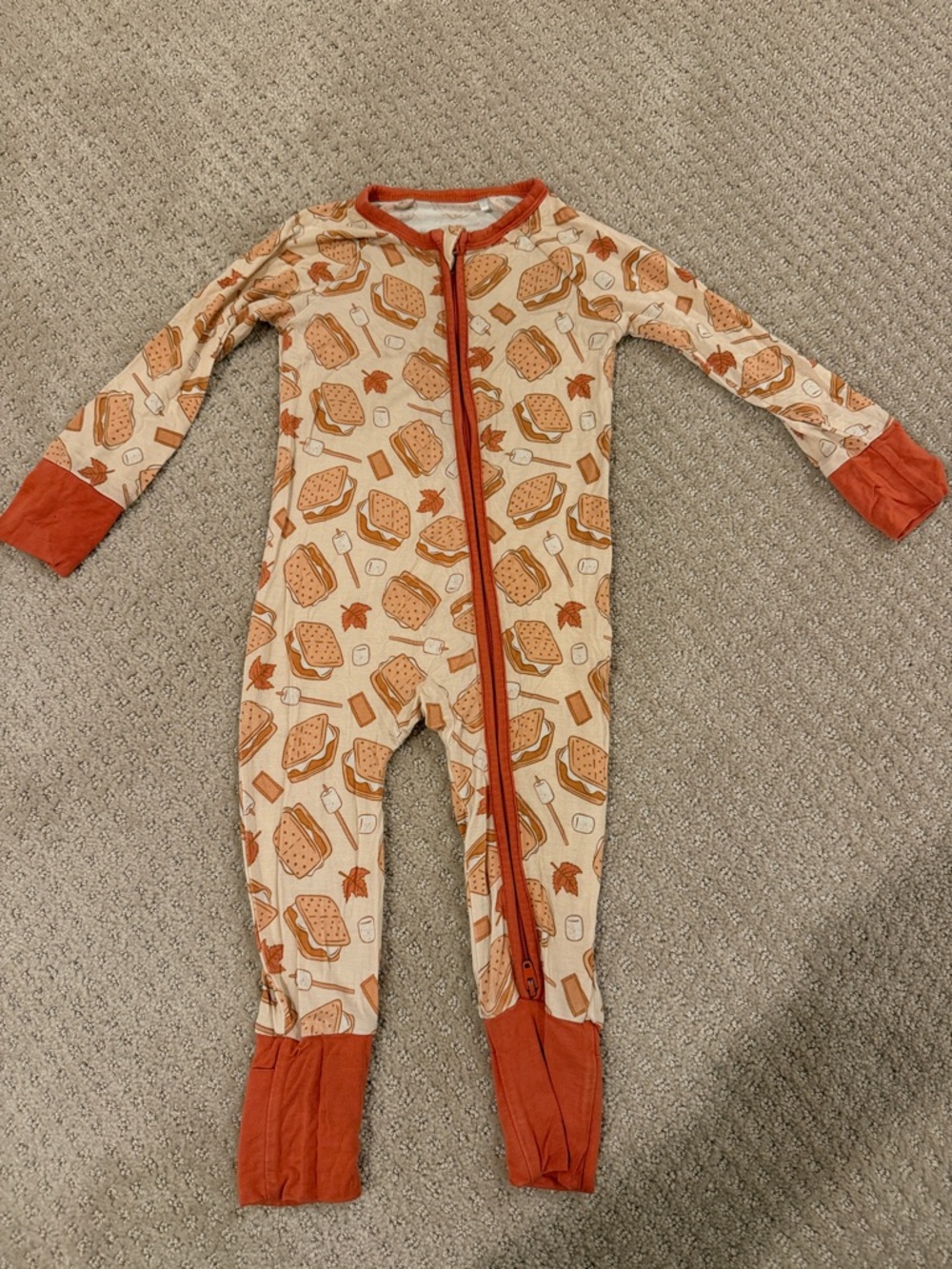 Kids Cream One-Piece Footie with Rust Trim and S'mores Print